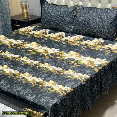 3 Pcs Cotton Salonica - 2 Sided Frill - Double Bed Size Bedsheet