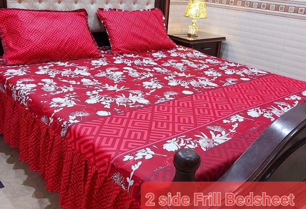 3 Pcs Cotton Salonica Patch Work - 2 Sided Frill - Double Bed Size Bedsheet