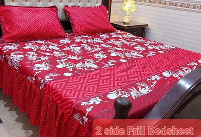 3 Pcs Cotton Salonica Patch Work - 2 Sided Frill - Double Bed Size Bedsheet