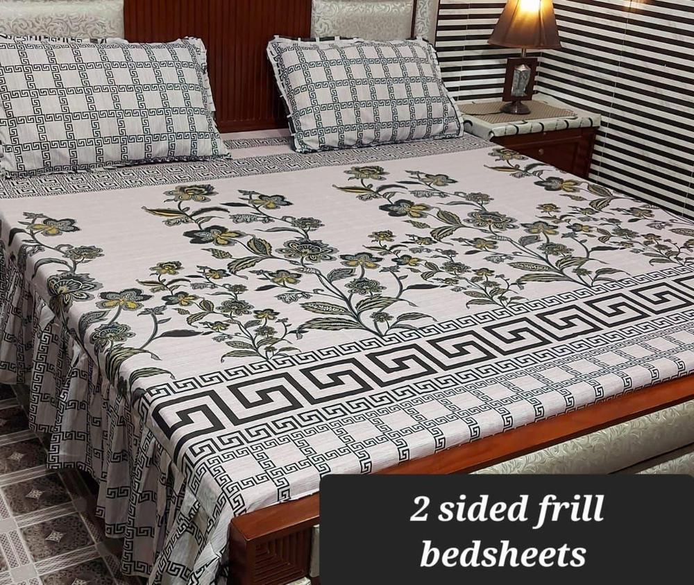3 Pcs Cotton Salonica With Patch Work-2 Sided Frill Double Bed Size Bedsheet