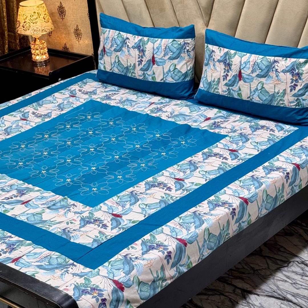 3 Pcs Cotton Patchwork Double Bedsheet (Turquoise)