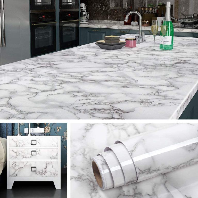 Self Adhesive White Marble Contact Paper – Waterproof, Oil &amp; Heat Resistant Vinyl Wallpaper for Kitchen, Countertops, Cabinets, and Walls – 60cm x 200cm