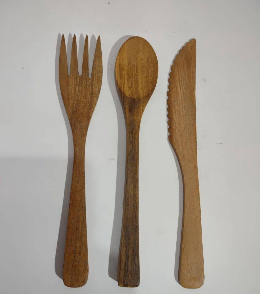 3 Pcs Wooden Fork, Spoon, Knife Set