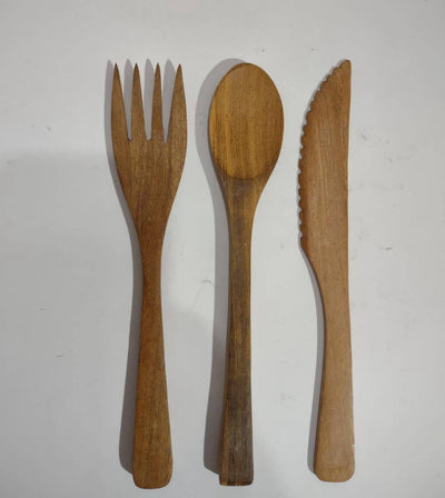 3 Pcs Wooden Fork, Spoon, Knife Set