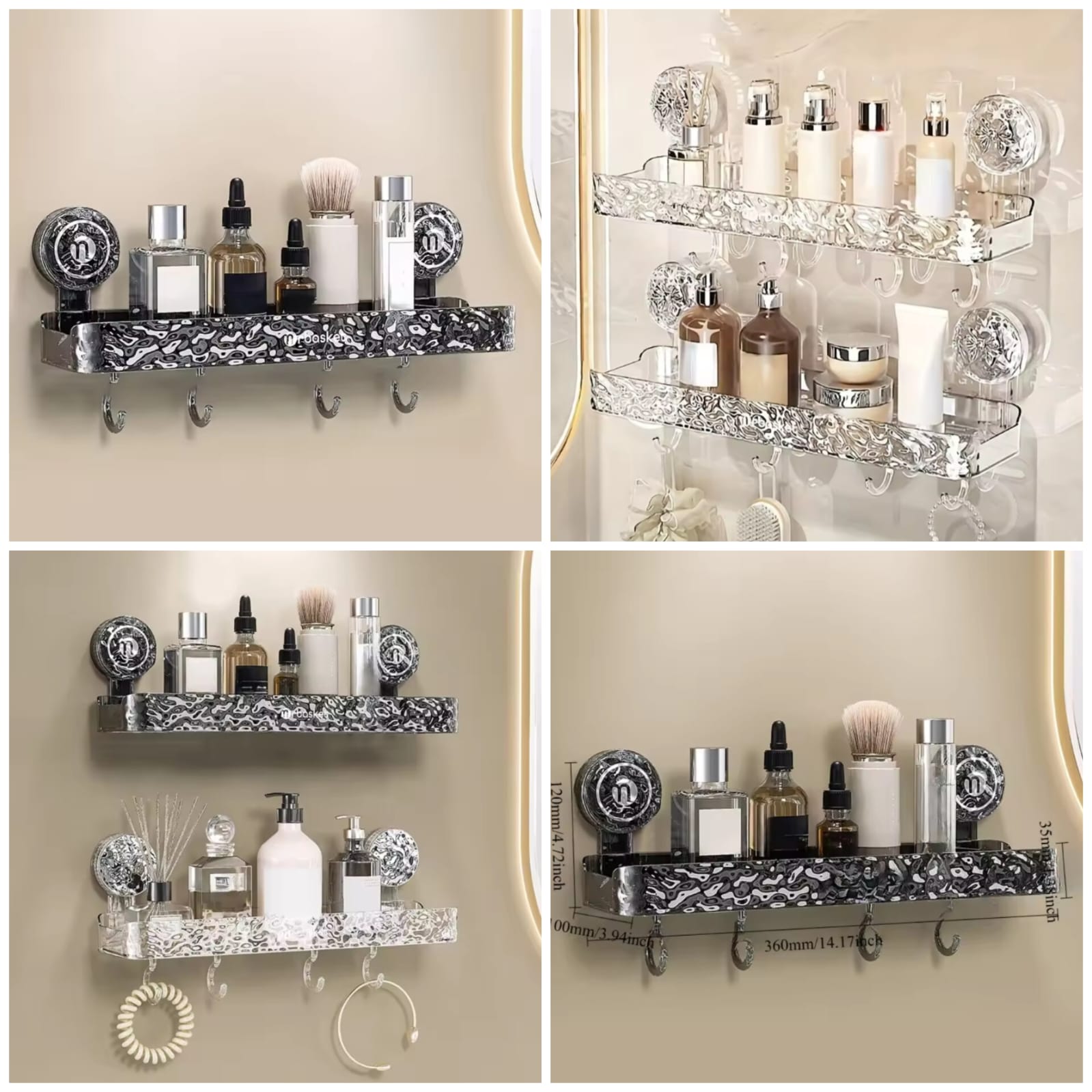 Transparent Suction Cup Shelf Wall Mounted/Counter top Washable Shower Shelf for Bathroom