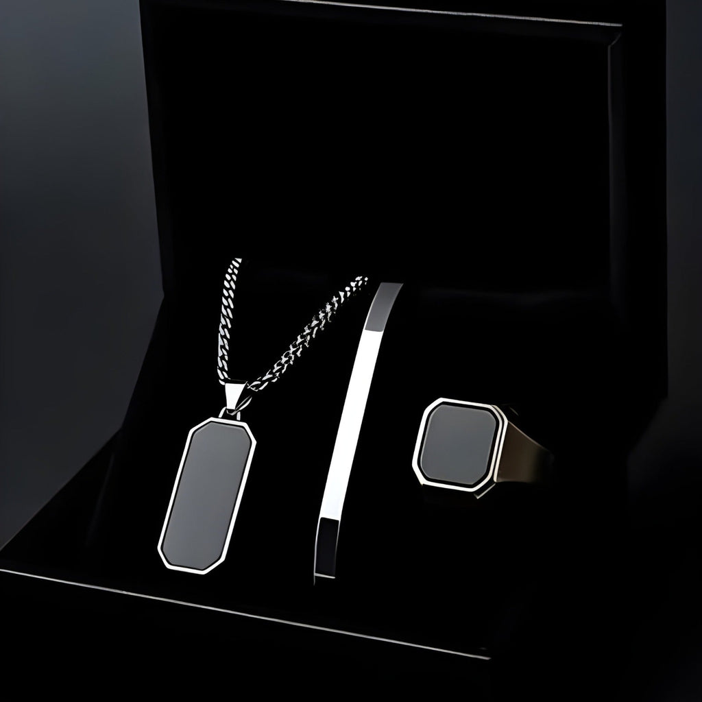 Black Onyx Men’s Luxury Jewelry Set – Necklace, Bracelet & Ring