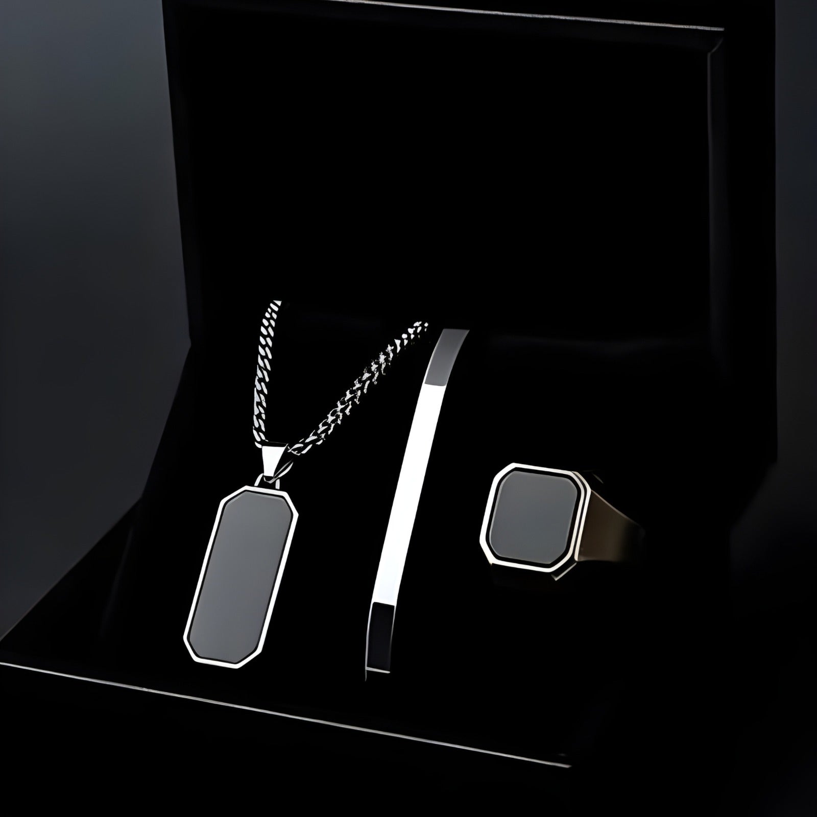 Black Onyx Men’s Luxury Jewelry Set – Necklace, Bracelet & Ring